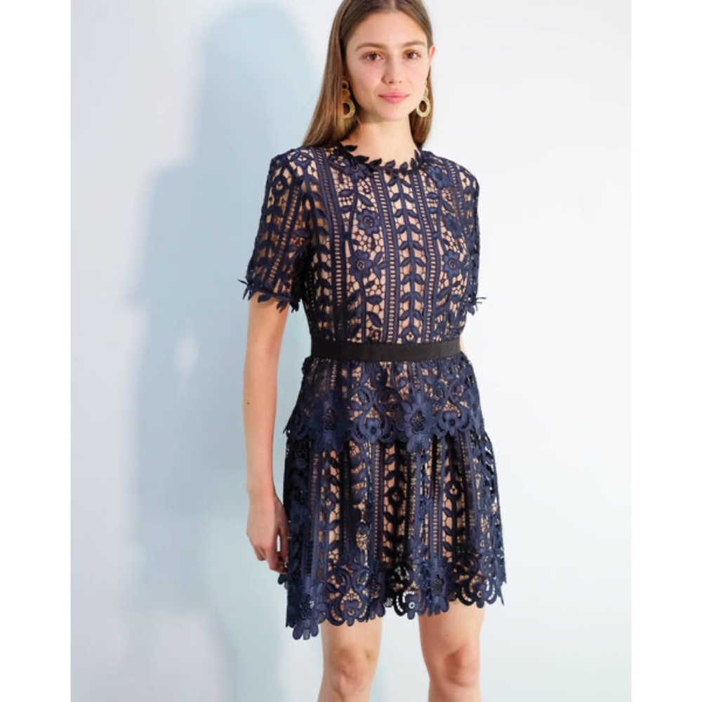 Self Portrait Floral Lace Short Sleeve A Line Dress Navy Nude Size US10 - Picture 3 of 12